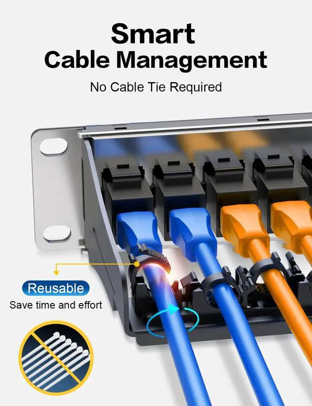 Alt view image 2 of 7 - 12 Port Cat6A Keystone Patch Panel, 1U 10-Inch Rack Mount RJ45 Feed Through Panel with Rear Cable Management Bar, Compatible with Cat5e/Cat6/Cat6A Keystone Jacks, Unshielded
