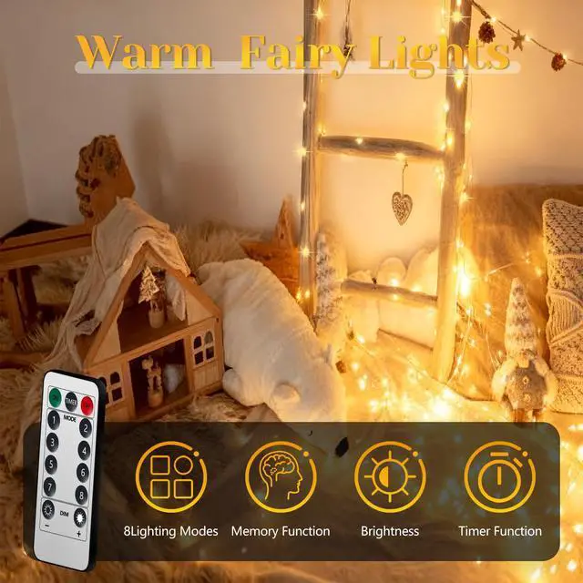 Alt view image 4 of 7 - 200 LED 67Ft Fairy Lights Battery Operated with RemoteWaterproof String Lights for Indoor & Outdoor,8 Modes Christmas Lights for Christmas Tree,Bedroom, Party,Wedding Decor