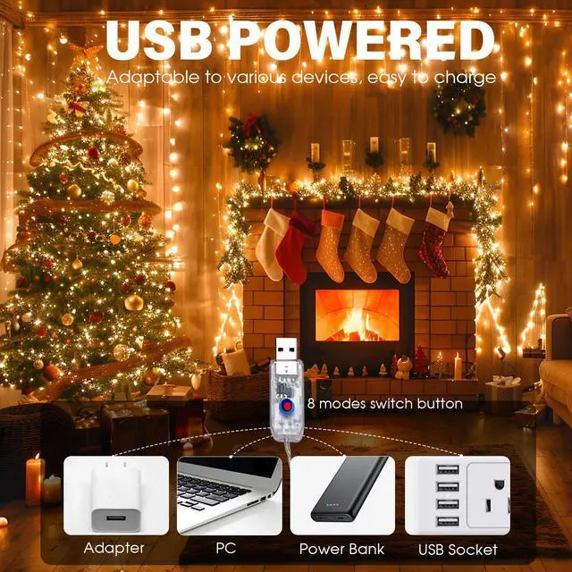 Alt view image 5 of 6 - Fairy Lights Plug in 66FT 200 LED USB Twinkle Lights for Bedroom Copper Wire Lights with Remote and Timer 8 Modes, Waterproof String Lights for Dorm DIY Party Christmas DecorationWarm White