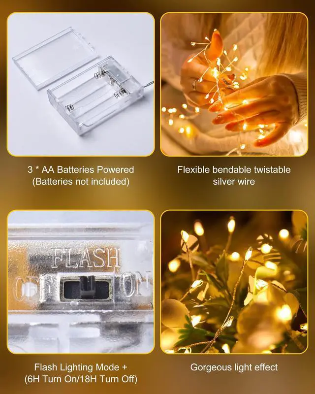Alt view image 7 of 7 - Fairy Lights Battery Operated, Twinkle String Waterproof Silver Wire 5 Feet 60 Led Firecracker Starry for DIY Wreath Home Wedding Party Bedroom Mason Jar Holiday Christmas, Warm White