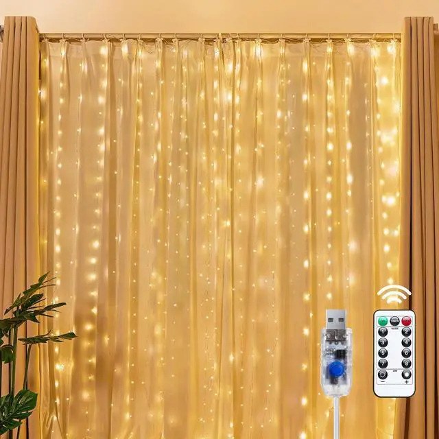 Main image of 300 LED Fairy Curtain Lights, 9.8ft x 9.8ft String Lights, USB Plug in 8 Lighting Modes Christmas String Hanging Lights with Remote for Bedroom Indoor Outdoor Party Xmas Warm White 1 Pack
