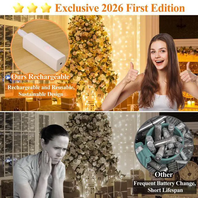 Alt view image 3 of 7 - Rechargeable Fairy Lights, 16FT 50 LED Battery Operated String Lights with Timer, Type-C, 8 Modes, Waterproof Twinkle Lights for Bedroom Wedding Christmas Decor, Warm White