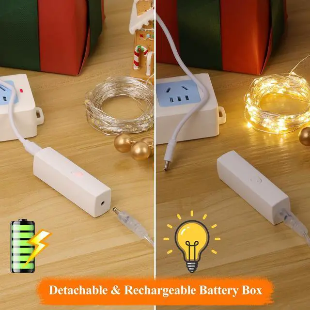 Alt view image 2 of 7 - Rechargeable Fairy Lights, 16FT 50 LED Battery Operated String Lights with Timer, Type-C, 8 Modes, Waterproof Twinkle Lights for Bedroom Wedding Christmas Decor, Warm White