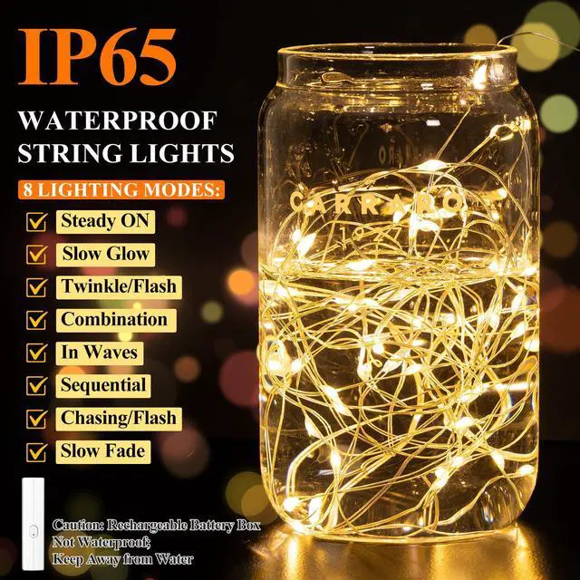 Alt view image 5 of 7 - Rechargeable Fairy Lights, 16FT 50 LED Battery Operated String Lights with Timer, Type-C, 8 Modes, Waterproof Twinkle Lights for Bedroom Wedding Christmas Decor, Warm White