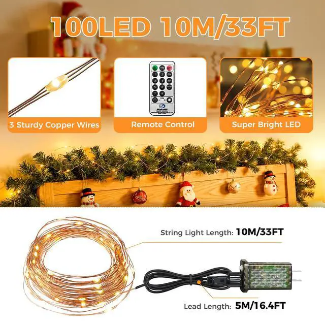 Alt view image 6 of 7 - Fairy Lights Plug in with Remote, 33FT 100 LED Twinkle Lights
