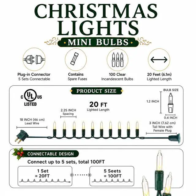 Alt view image 2 of 7 - Warm White Christmas Lights Outdoor, 20FT 100 Count Incandescent Christmas Light Indoor, Waterproof Christmas Tree String Lights for Xmas Decorations