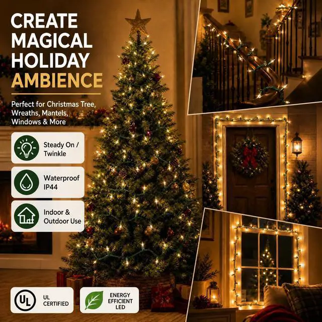 Alt view image 5 of 7 - Warm White Christmas Lights Outdoor, 20FT 100 Count Incandescent Christmas Light Indoor, Waterproof Christmas Tree String Lights for Xmas Decorations