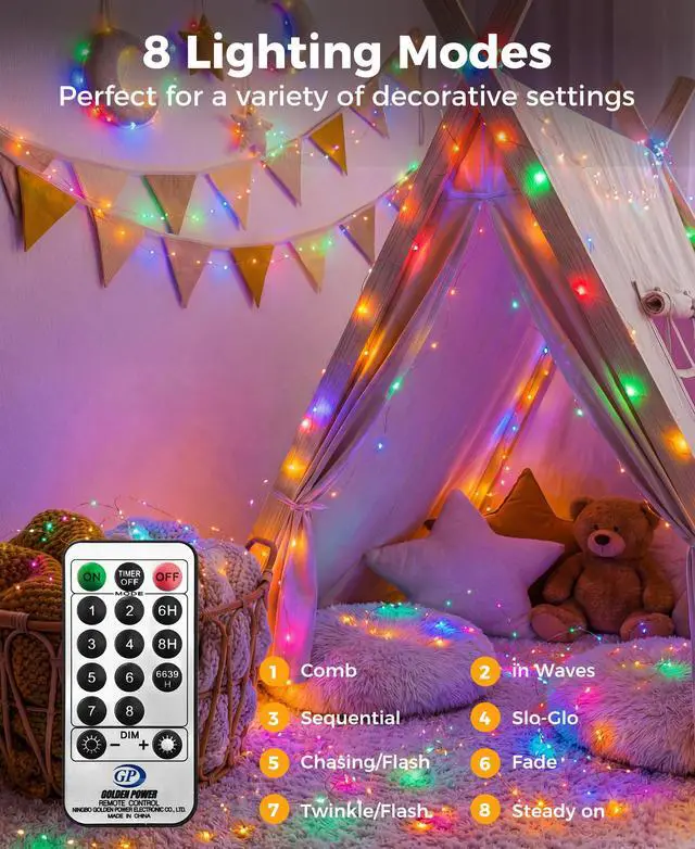 Alt view image 5 of 7 - Plug-in Fairy Lights, 66 Ft 200 LED String Light with Remote, 8 Modes, Timer and Dimming Twinkle Lights for Indoor, Bedroom, Party, Decoration, Holiday, Multi-Colored