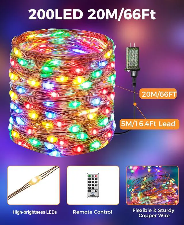 Alt view image 7 of 7 - Plug-in Fairy Lights, 66 Ft 200 LED String Light with Remote, 8 Modes, Timer and Dimming Twinkle Lights for Indoor, Bedroom, Party, Decoration, Holiday, Multi-Colored