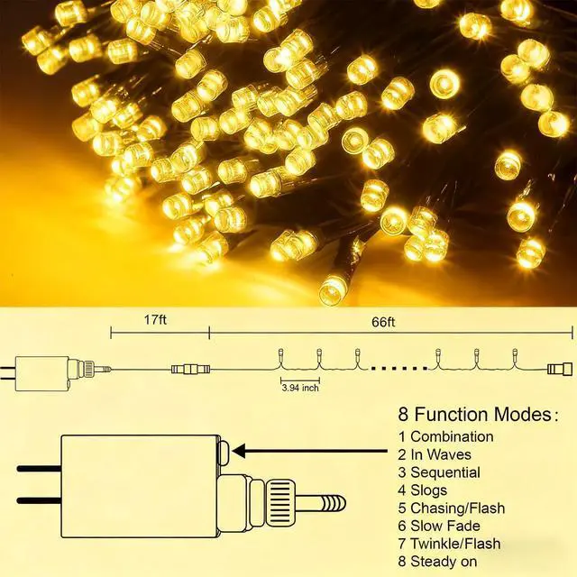 Alt view image 3 of 7 - 66ft Christmas Decorative Mini Lights, 200 LED Green Wire Fairy Starry String Lights Plug in, 8 Lighting Modes, for Indoor Outdoor Xmas Tree Wedding Party Decoration (Warm White)