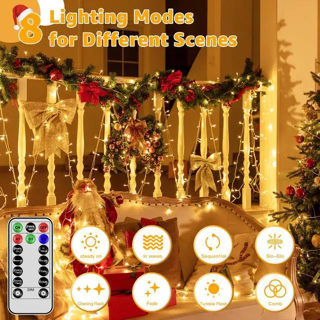 Alt view image 5 of 7 - Christmas String Lights 1200LED 196FT, 8 Modes Dimmable Fairy Lights with Remote and Timer, Waterproof Warm Christmas Lights for Indoor Outdoor Bedroom Wedding Party Holiday Decor (Warm White)