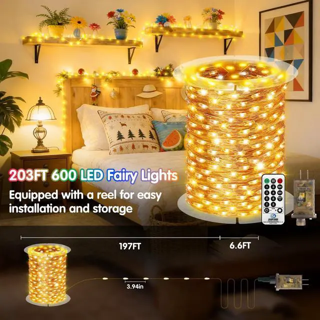 Alt view image 7 of 7 - 203FT 600LED Outdoor Fairy Lights Plug in Warm White Christmas Decor