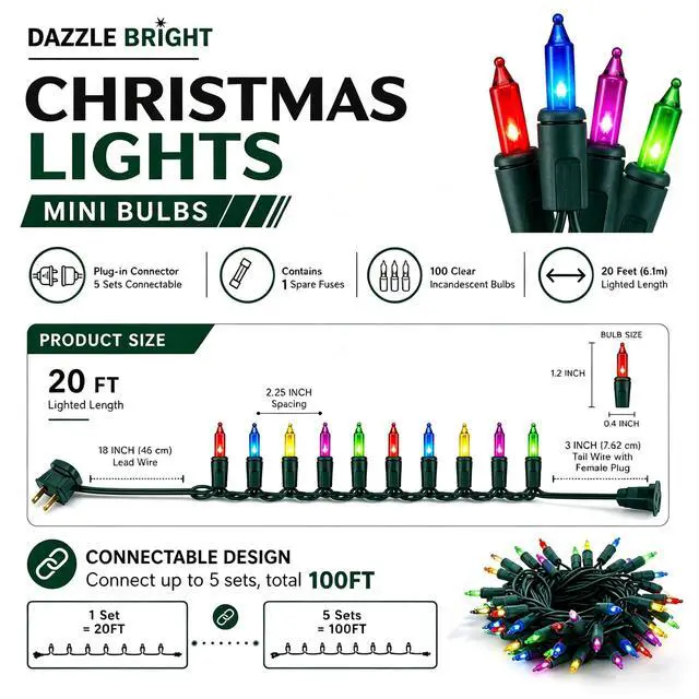 Alt view image 2 of 7 - Multi-Colored Christmas Mini String Lights, 20FT 100 Count Incandescent Waterproof Fairy Lights Plug in, Connectable Christmas Decorations for Indoor Outdoor Home Party Garden Yard