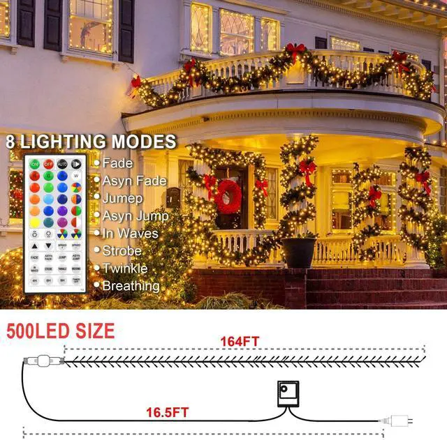 Alt view image 3 of 7 - 164 FT 500 LED Christmas String Lights, Waterproof RGB String Lights with Remote Control& Timer Function, 24 Colors Changing Fairy Lights for Indoor Outdoor Room Wall Christmas Tree Party Decoration