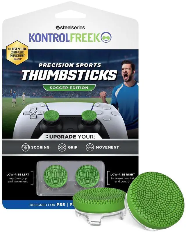 Main image of Precision Sports Performance Thumbsticks for PlayStation 5 (PS5) and PlayStation 4 (PS4) Controller | Soccer Edition | Low-Rise, Concave | Green