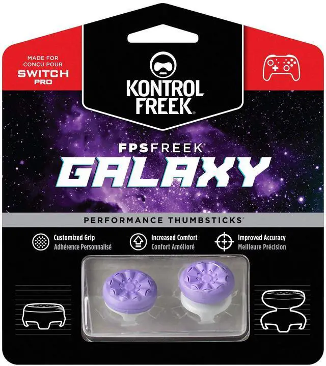 Main image of FPS Freek Galaxy Performance Thumbsticks for Nintendo Switch | 1 Mid-Rise, 1 High-Rise Concave | Purple
