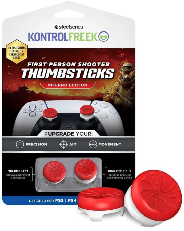 Main image of FPS Freek Inferno for PlayStation 4 (PS4) and PlayStation 5 (PS5) Controller | Performance Thumbsticks | 1 High-Rise, 1 Mid-Rise | Red/White