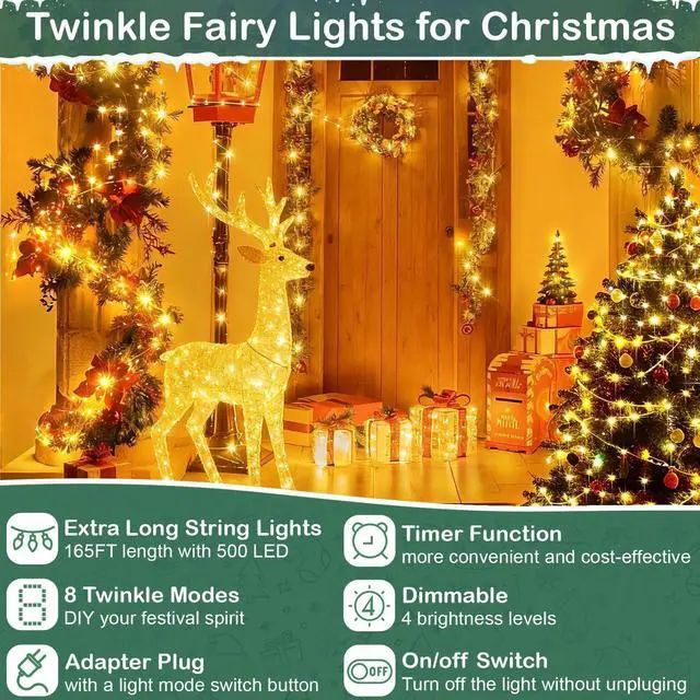 Alt view image 2 of 6 - 165Ft Ultra Long 500 LEDs String Lights Plug in, with Switch/Timer, Waterproof Dimmable Copper String Lights for Home/Holiday Decor, 8 Modes Fairy Lights with Remote, Warm White UL Listed