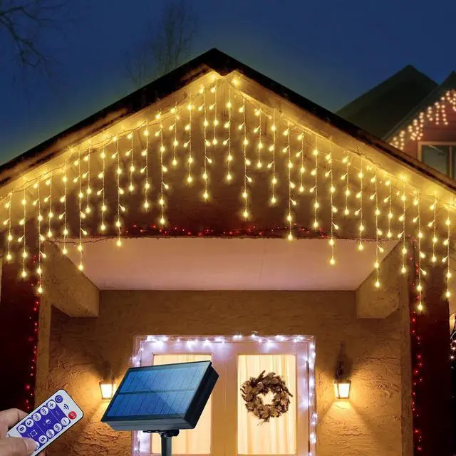 Main image of 304 LED Solar Christmas Icicle Lights Outdoor Decorations, 8 Modes Waterproof Icicle Fairy Lights for Outside Holiday, Patio, Balcony, Christmas, Window, House Eaves Decorations, Warm White
