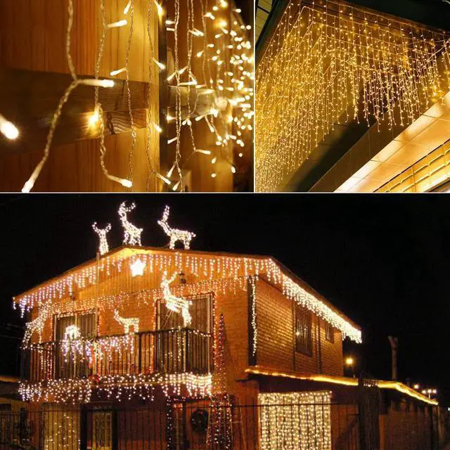 Alt view image 5 of 7 - 304 LED Solar Christmas Icicle Lights Outdoor Decorations, 8 Modes Waterproof Icicle Fairy Lights for Outside Holiday, Patio, Balcony, Christmas, Window, House Eaves Decorations, Warm White