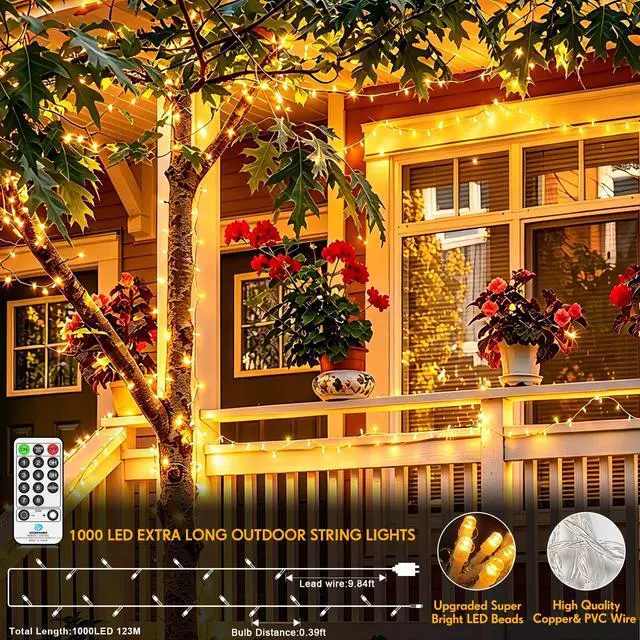 Alt view image 5 of 7 - 403FT 1000 LED String Lights Outdoor Fairy Lights Plug in Christmas Lights with Remote Timer 8 Modes for Outside House Garden Party Wedding Decorations-Warm White