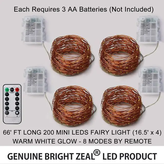 Alt view image 6 of 6 - 66 Ft 200 LED 8 Mode Christmas Fairy Lights Battery Operated with Remote - Warm White Multifunction Christmas Lights with Timer -Dimmable Flashing Chasing Twinkle Lights Outdoor