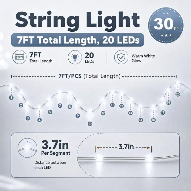 Alt view image 2 of 7 - 30 Pack Fairy Lights Battery Operated, 7 FT 20 LED String Lights