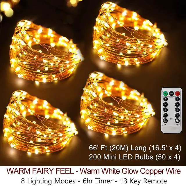 Alt view image 2 of 6 - 66 Ft 200 LED 8 Mode Christmas Fairy Lights Battery Operated with Remote - Warm White Multifunction Christmas Lights with Timer -Dimmable Flashing Chasing Twinkle Lights Outdoor