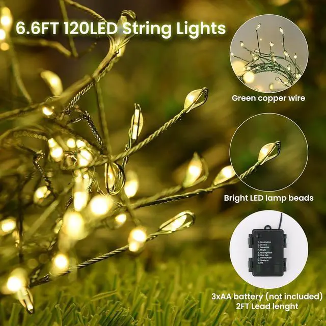 Alt view image 4 of 6 - 6feet 120 LED Starry Lights, Battery Operated Waterproof Dark Green Copper Wire Fairy Light String Light for Garland, Wreath, Patio, Garden, Wedding, Party, Xmas
