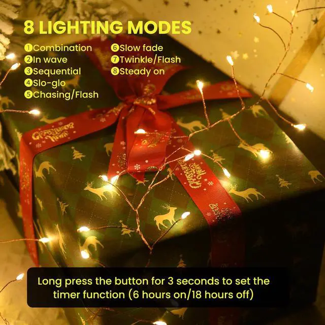 Alt view image 5 of 7 - 300 LED Fairy Lights with Remote, Warm White, 8 Modes, Plug in, Waterproof, Christmas Decoration, 10ft
