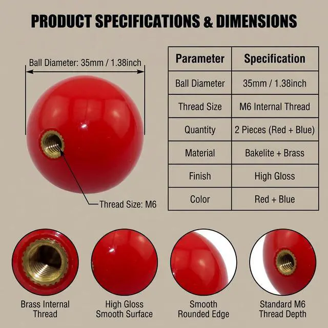 Alt view image 2 of 7 - 2Pcs 35mm Joystick Ball Top ABS Metal Threaded Knob Replacement Arcade Game Controller Sticks Handle Rocker Round Head(Red+Blue)