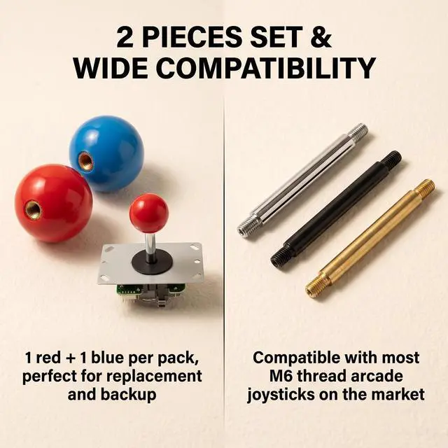 Alt view image 4 of 7 - 2Pcs 35mm Joystick Ball Top ABS Metal Threaded Knob Replacement Arcade Game Controller Sticks Handle Rocker Round Head(Red+Blue)