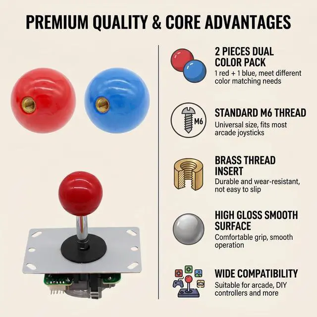 Alt view image 6 of 7 - 2Pcs 35mm Joystick Ball Top ABS Metal Threaded Knob Replacement Arcade Game Controller Sticks Handle Rocker Round Head(Red+Blue)