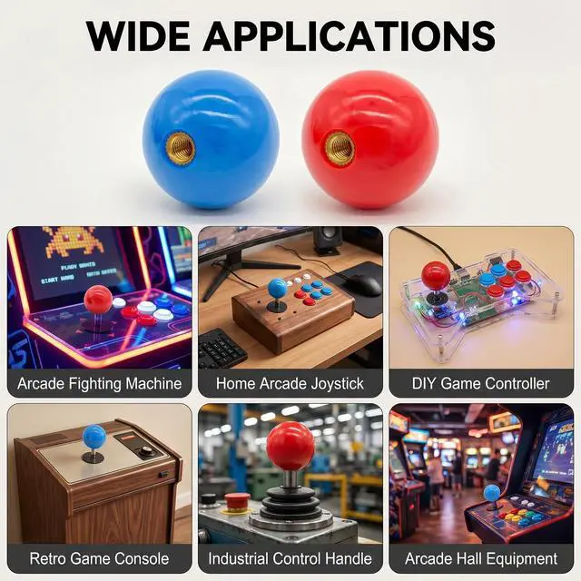 Alt view image 3 of 7 - 2Pcs 35mm Joystick Ball Top ABS Metal Threaded Knob Replacement Arcade Game Controller Sticks Handle Rocker Round Head(Red+Blue)