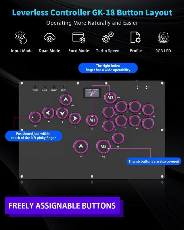 Alt view image 3 of 7 - GK-18 Leverless Arcade Stick, All-Button Fight Controller with 18 Keys, RGB Lights, Hot-Swappable for PS5/PS4/PS3/PC/Switch, Arcade Fight Stick Black