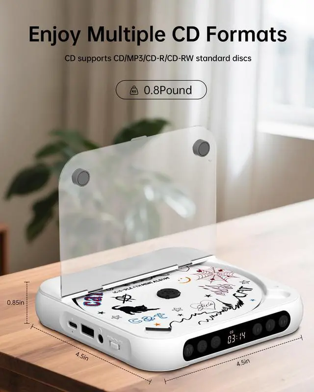 Alt view image 2 of 7 - CD Player Portable with Stereo Speakers, Rechargeable Portable Player with Bluetooth for Home with Headphones, Support CD/AUX/USB,White