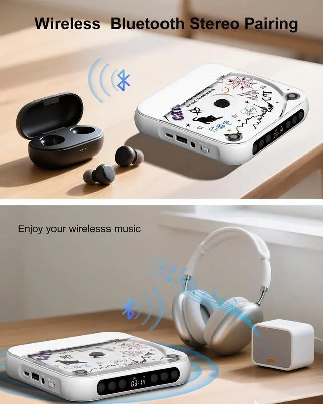 Alt view image 4 of 7 - CD Player Portable with Stereo Speakers, Rechargeable Portable Player with Bluetooth for Home with Headphones, Support CD/AUX/USB,White