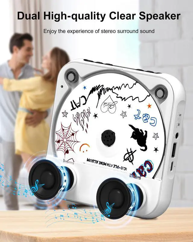 Alt view image 5 of 7 - CD Player Portable with Stereo Speakers, Rechargeable Portable Player with Bluetooth for Home with Headphones, Support CD/AUX/USB,White