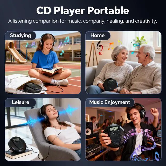 Alt view image 7 of 7 - Portable CD Player with Bluetooth and Speaker, 10H Playtime Rechargeable Personal CD Player, HiFi Stereo Sound, 60s Anti-Skip Protection, PROG Playback & EQ Modes, Headphones and AUX Cable Included