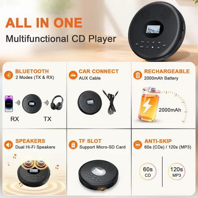 Alt view image 2 of 7 - Portable CD Player Rechargeable with Bluetooth, Speakers for Home