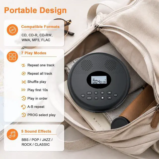 Alt view image 6 of 7 - Portable CD Player Rechargeable with Bluetooth, Speakers for Home