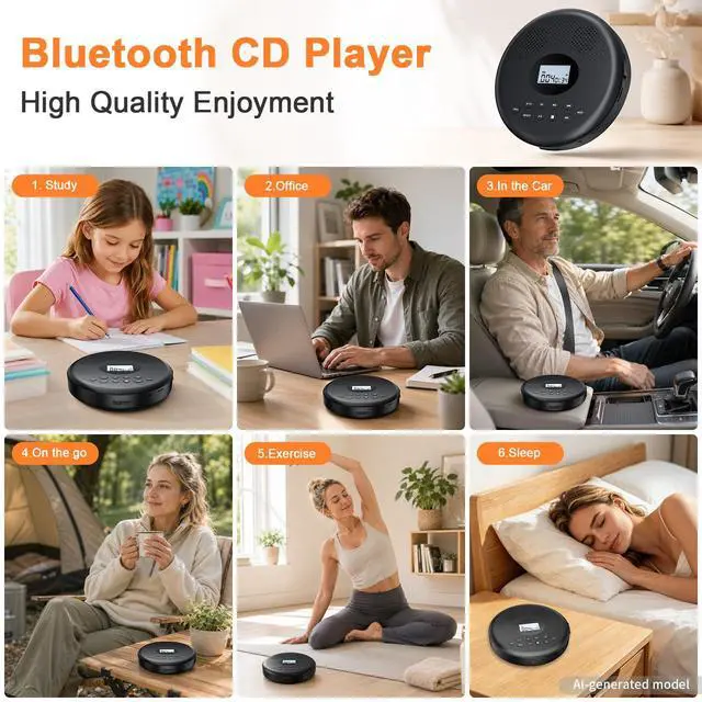 Alt view image 7 of 7 - Portable CD Player Rechargeable with Bluetooth, Speakers for Home