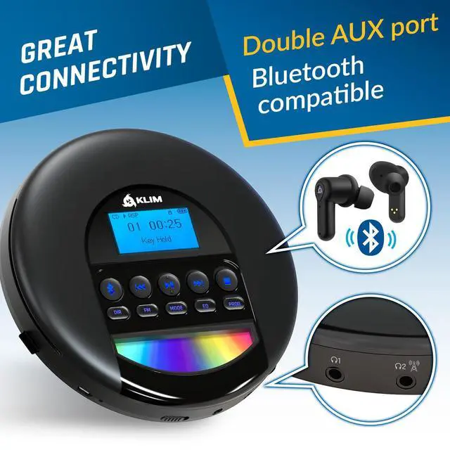 Alt view image 7 of 7 - Nomad Portable CD Player with Long-Lasting Battery - with Headphones - Radio FM - Compatible MP3 CD Player Portable - 16GB TF Card - Radio FM Bluetooth - Ideal for Cars - Black