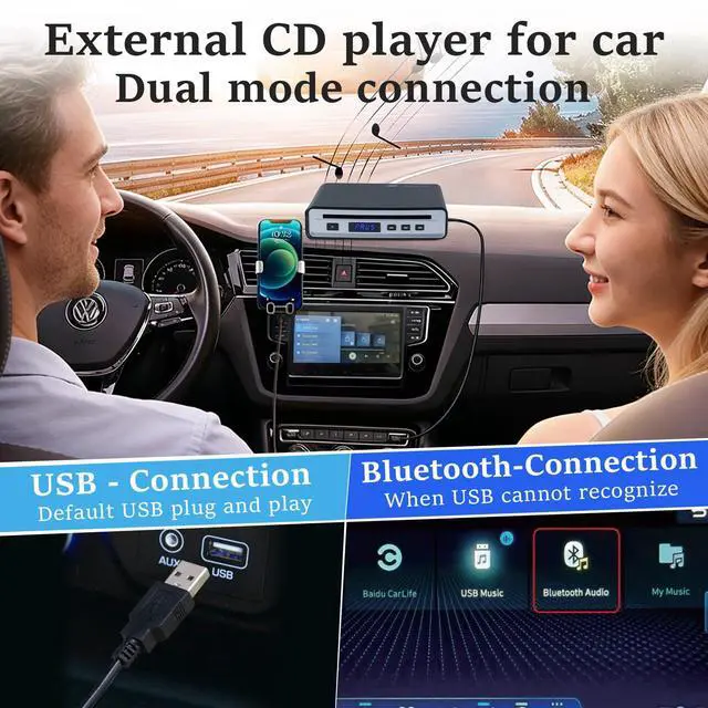 Alt view image 2 of 7 - Portable External Car CD Player, Anti-Shock Plug and Play CD Adapter with USB & Bluetooth Dual Connect, Lossless Audio Disc Player for Car Truck, Laptop, PC and Smart TV