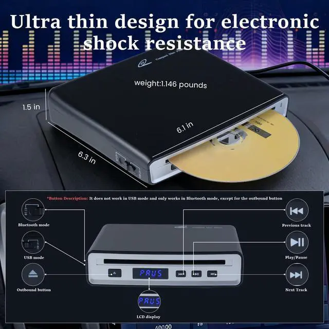 Alt view image 6 of 7 - Portable External Car CD Player, Anti-Shock Plug and Play CD Adapter with USB & Bluetooth Dual Connect, Lossless Audio Disc Player for Car Truck, Laptop, PC and Smart TV