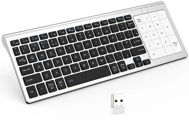 Main image of Multi-Device Wireless Keyboard with Numeric Touchpad, Mini Bluetooth Keyboard, Stainless Steel Slim Wireless Keyboard with USB Receiver for MacBook/iPad/Tablet/PC/Laptop, QWERTY US Layout