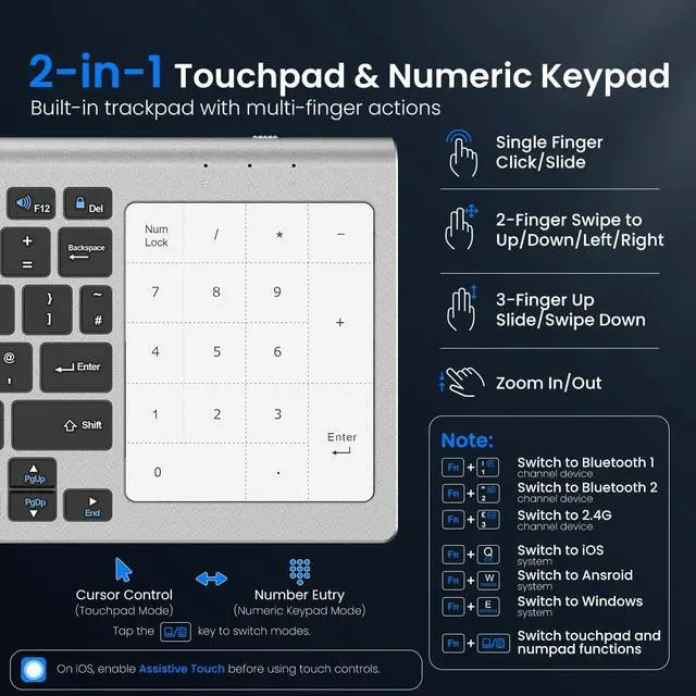 Alt view image 3 of 7 - Multi-Device Wireless Keyboard with Numeric Touchpad, Mini Bluetooth Keyboard, Stainless Steel Slim Wireless Keyboard with USB Receiver for MacBook/iPad/Tablet/PC/Laptop, QWERTY US Layout