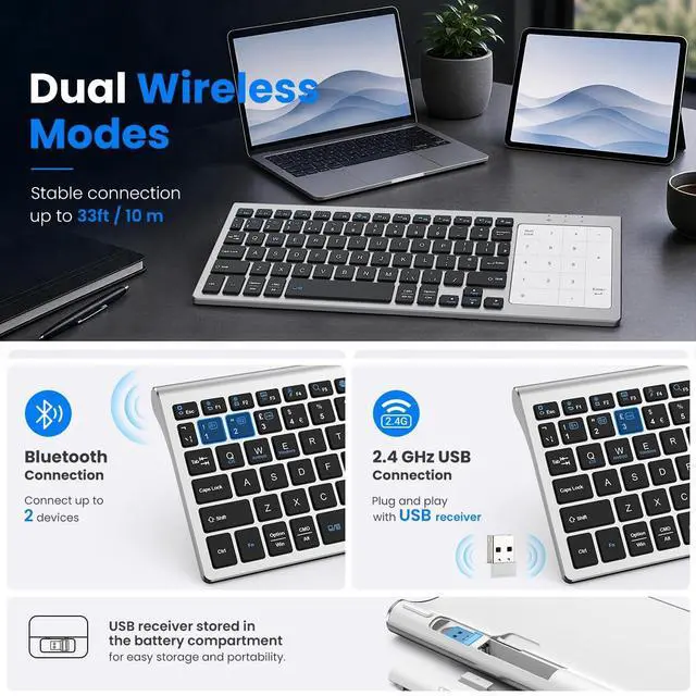 Alt view image 4 of 7 - Multi-Device Wireless Keyboard with Numeric Touchpad, Mini Bluetooth Keyboard, Stainless Steel Slim Wireless Keyboard with USB Receiver for MacBook/iPad/Tablet/PC/Laptop, QWERTY US Layout