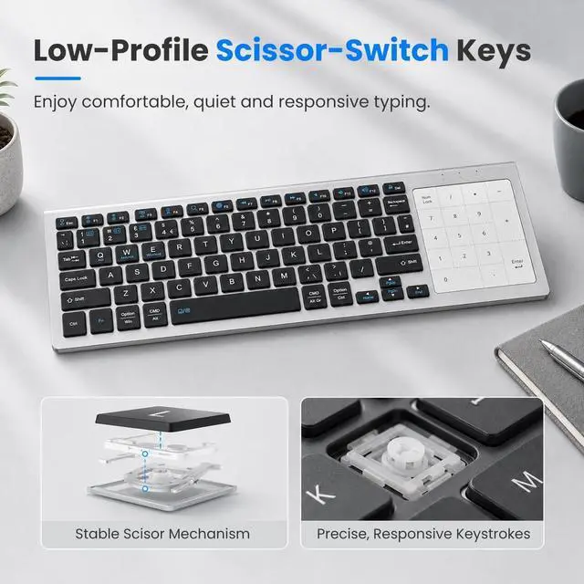 Alt view image 5 of 7 - Multi-Device Wireless Keyboard with Numeric Touchpad, Mini Bluetooth Keyboard, Stainless Steel Slim Wireless Keyboard with USB Receiver for MacBook/iPad/Tablet/PC/Laptop, QWERTY US Layout