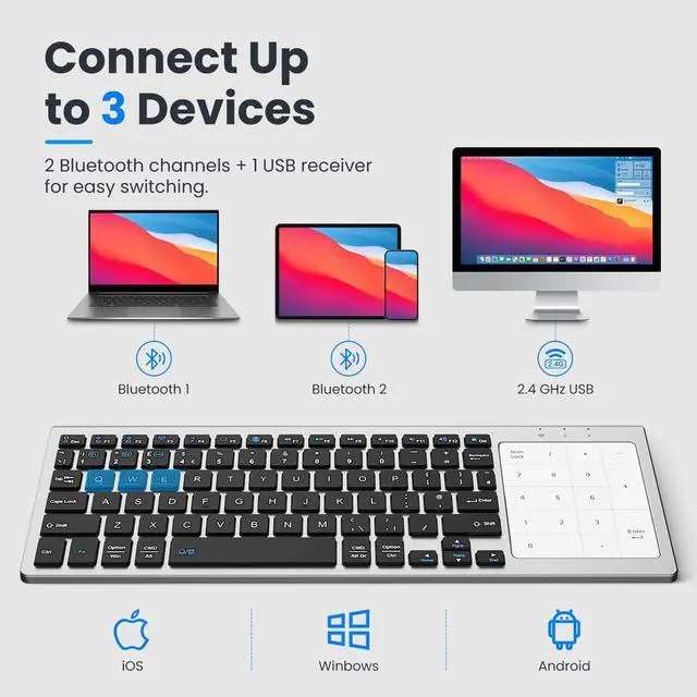 Alt view image 6 of 7 - Multi-Device Wireless Keyboard with Numeric Touchpad, Mini Bluetooth Keyboard, Stainless Steel Slim Wireless Keyboard with USB Receiver for MacBook/iPad/Tablet/PC/Laptop, QWERTY US Layout
